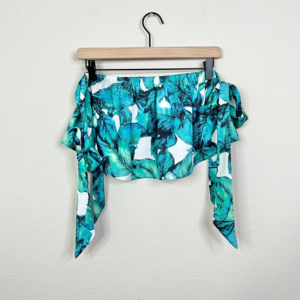 Luxxel Green Palm Leave Crop Top Band Bandeau Tie Shoulder Size Small